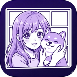 Koma のアプリアイコン。漫画のコマの中で少女が柴犬を抱いているイラスト